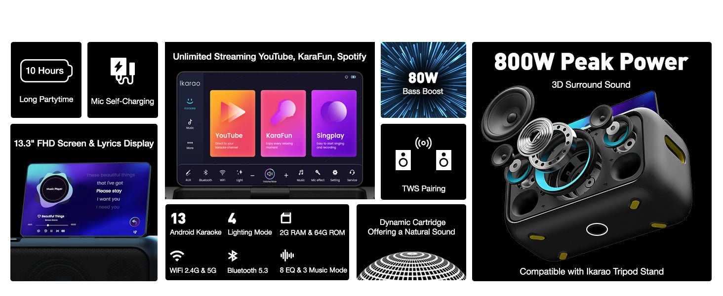 Ikarao BREAK X1 Portable 800w Karaoke Machine with 13.3" Display "AVAILABLE NOW!"