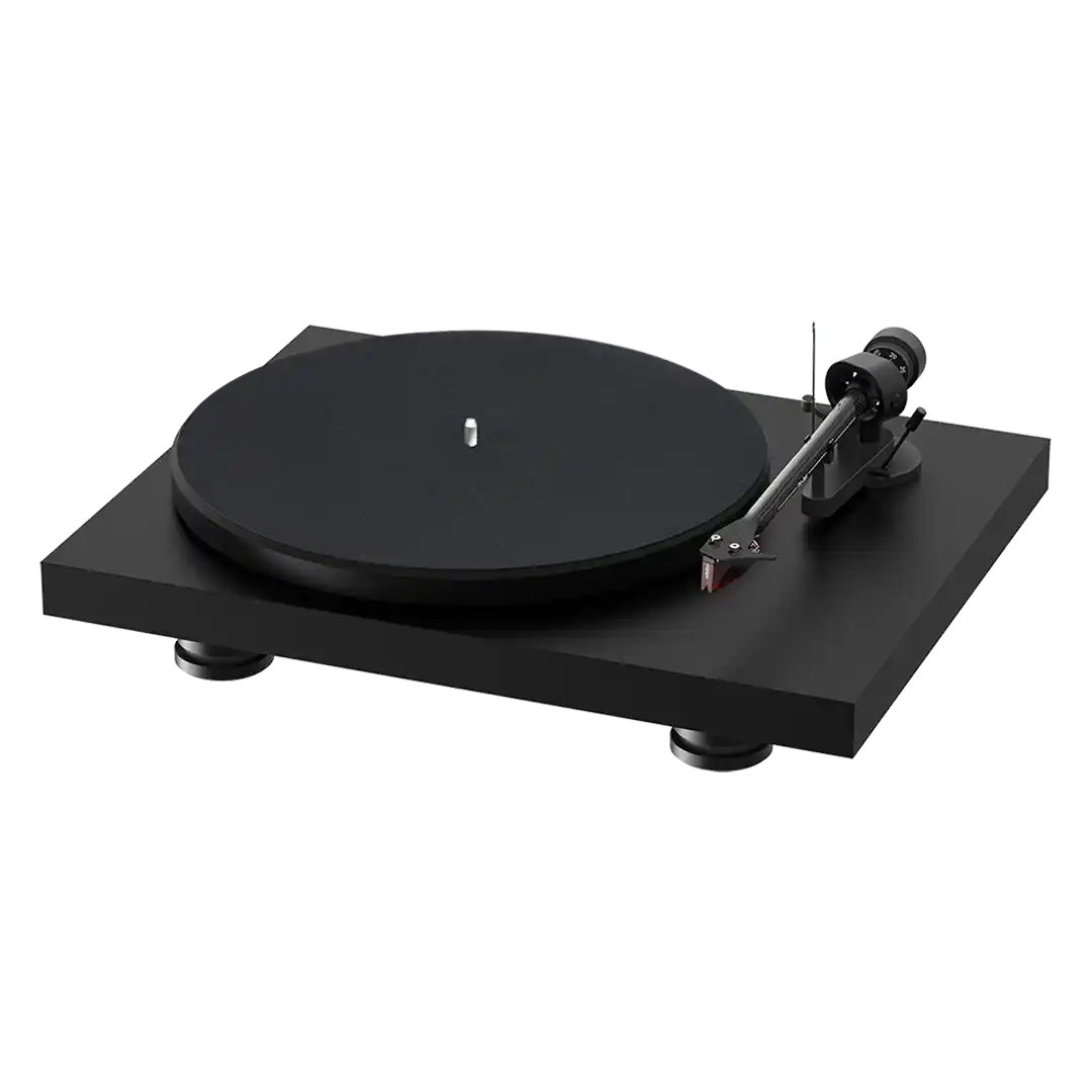 Black turntable on a white background