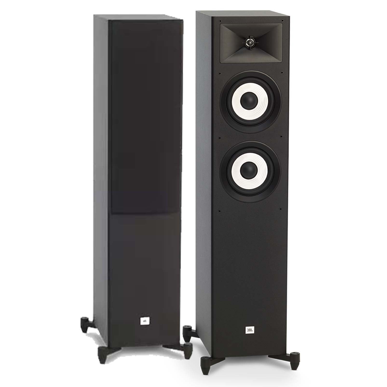 A pair of black JBL Stage A190 floorstanding speakers with a 2-way design, featuring a 1-inch aluminium dome tweeter and dual 8-inch Poly-cellulose cone woofers.