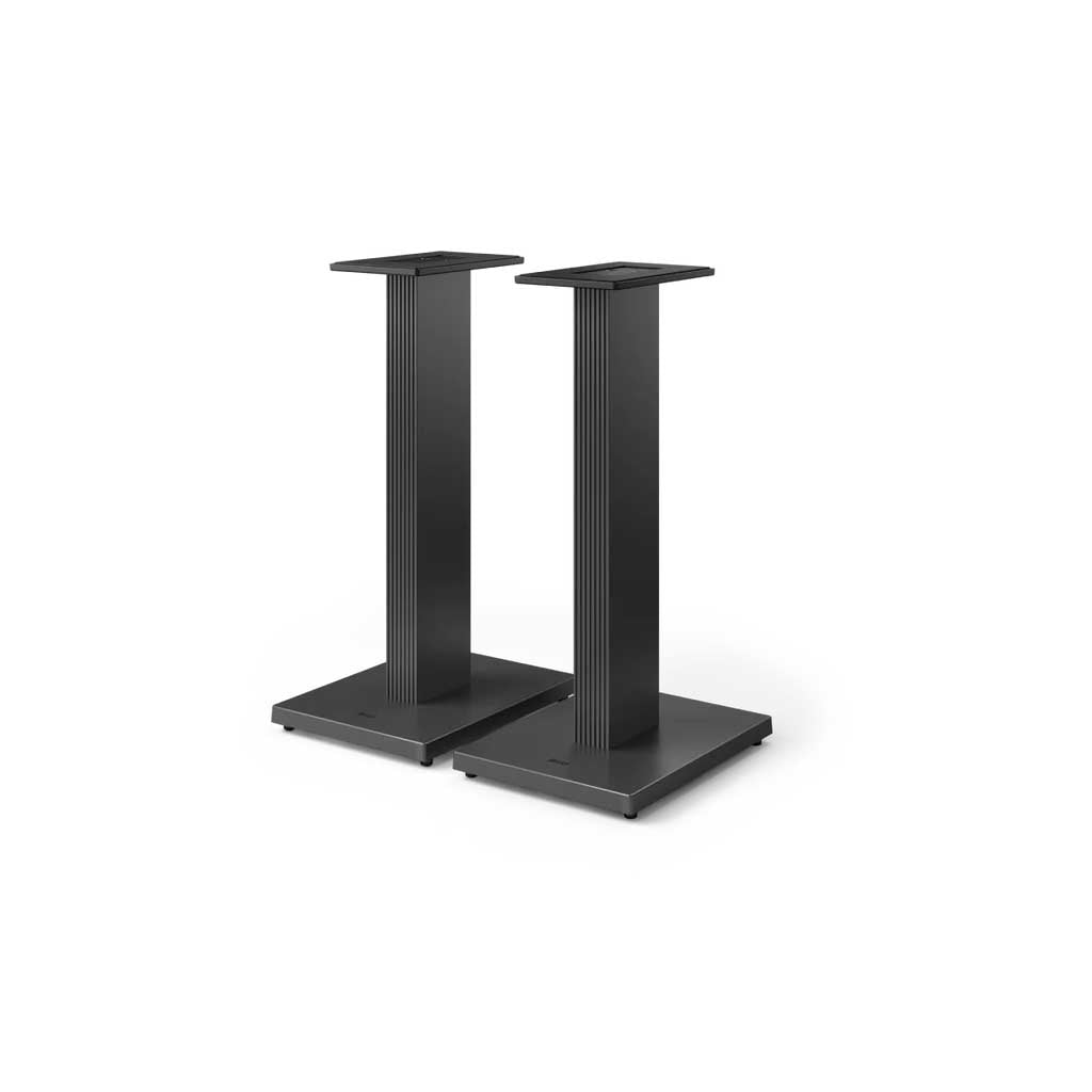 A pair of KEF SQ1 floor stands in grey color with rubber feet, designed for bookshelf speakers.