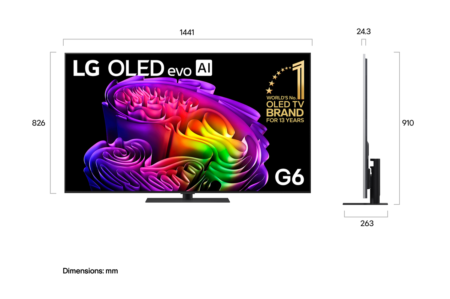LG OLED evo AI G6 65-inch TV - dimensions diagram