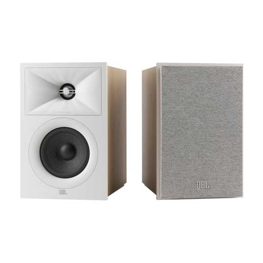 A pair of JBL Stage 250B 4.5" bookshelf speakers in latte color, showing the front view with the woofers and tweeter, and the side view with the brand's logo.