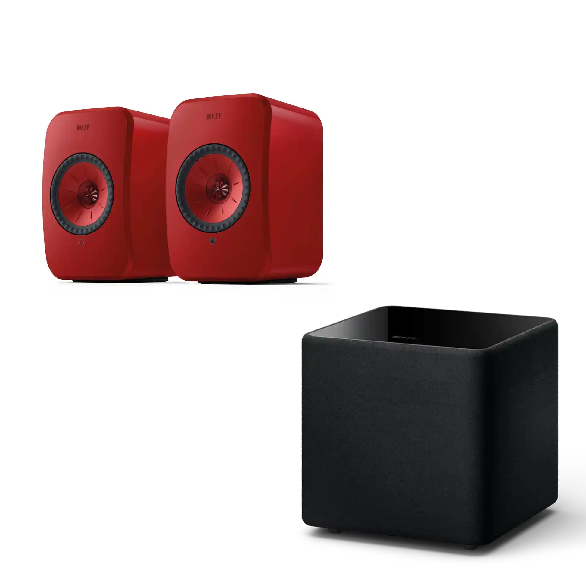 KEF LSXII Wireless Bookshelf Speakers + Kube 8 Mie Subwoofer - Lava Red