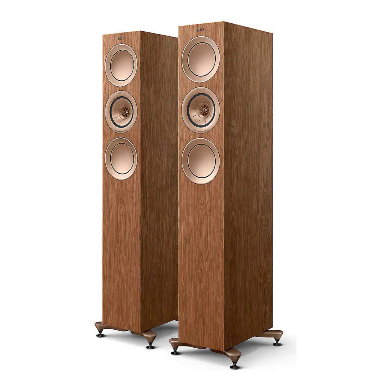 KEF R5 Meta 3-way Floorstanding Speakers with grills - Walnut