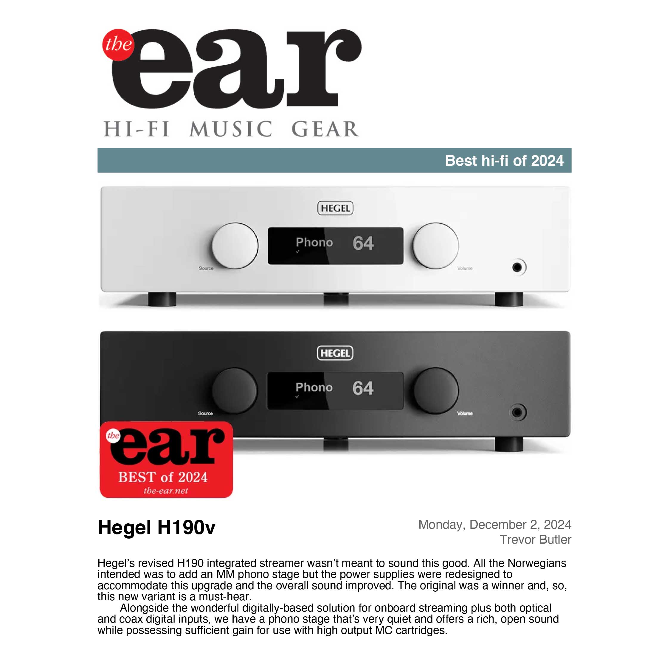 Hegel H190V 2 x 150W Streaming Amplifier with Airplay 2 and Phono MM