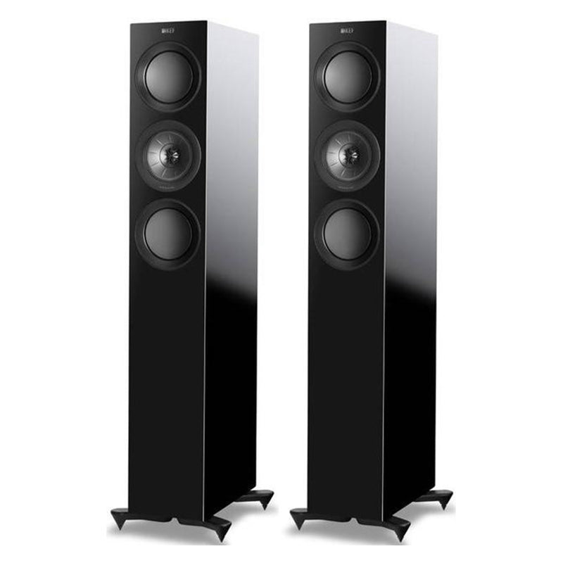 KEF R5 Floorstanding Speakers with grills - Gloss Black - The Audio Experts