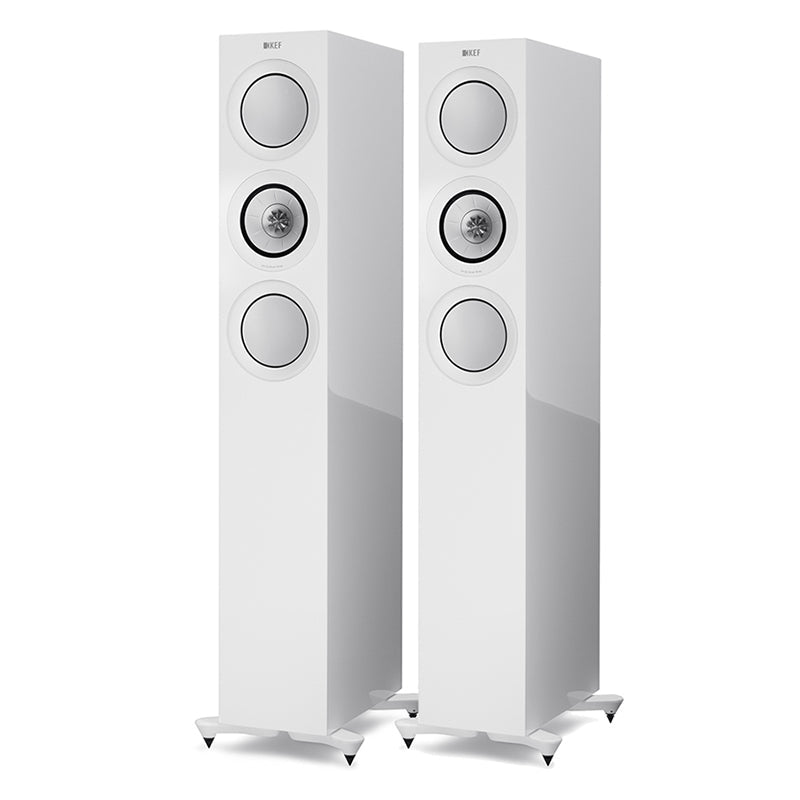 KEF R5 Floorstanding Speakers with grills - gloss White - The Audio Experts